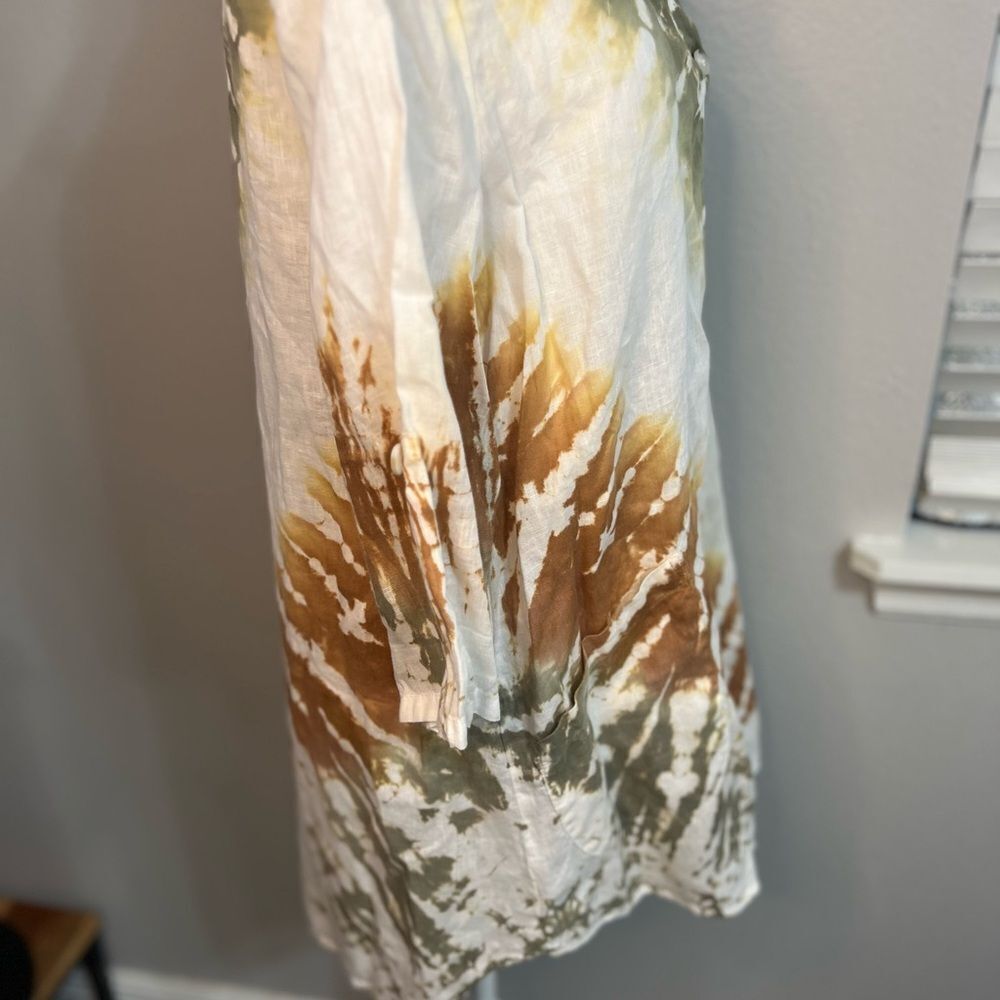 Xovi Linen Shirt Green Medium Tie Dye Tunic Length Pockets Convert Sleeves - Picture 6 of 13